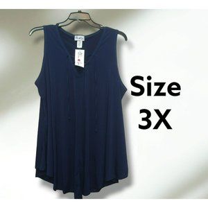 Plus Size Long Length Navy Blouse Size 3X with front v neck ties